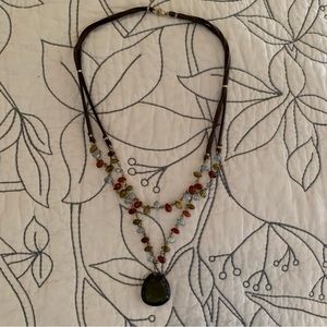 Necklace - green and bronze colors with some light bluish-grey